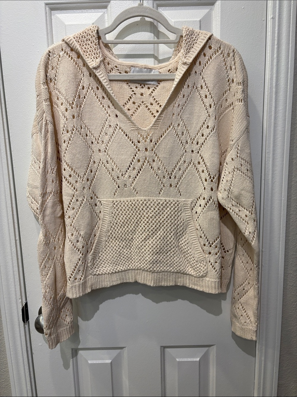Lucky Brand Cream Open-Knit V-Neck Hoodie Sweater